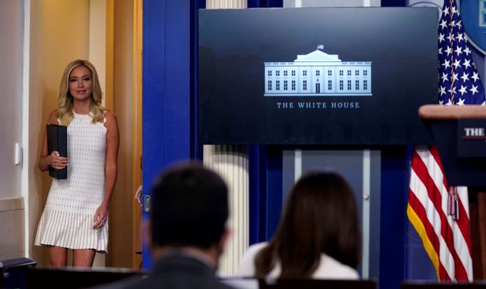 White House press secretary Kayleigh McEnany arrives for a press briefing at the White House