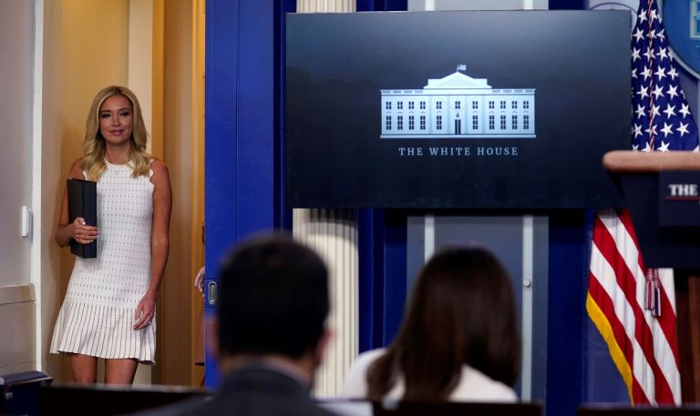 White House press secretary Kayleigh McEnany arrives for a press briefing at the White House