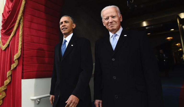 President Barack Obama and Vice President Joe Biden arrive for the Presidential Inauguration of Donald Trump at the U.S. Capitol in Washington in 2017. A new Zogby Poll said Biden has a higher approval rating than Obama did when he entered office.