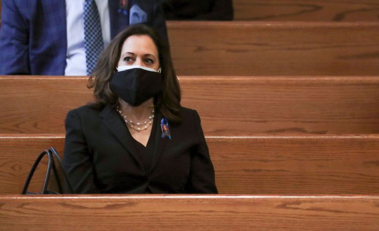 Sen. Kamala Harris waits for the program to start at the funeral service for the late Rep. John Lewis, D-Ga., at Ebenezer Baptist Church in Atlanta, Thursday, July 30, 2020