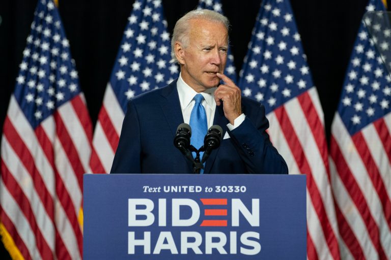 Democratic presidential candidate former Vice President Joe Biden speaks during a campaign event at Alexis Dupont High School in Wilmington, Del., Wednesday, Aug. 12, 2020.