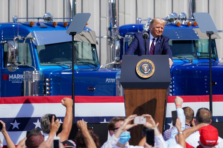 President Donald Trump speaks during a campaign rally at Mariotti Building Products, Thursday, Aug. 20, 2020, in Old Forge, Pa. His approval ratings went up during the Democrat's convention week.