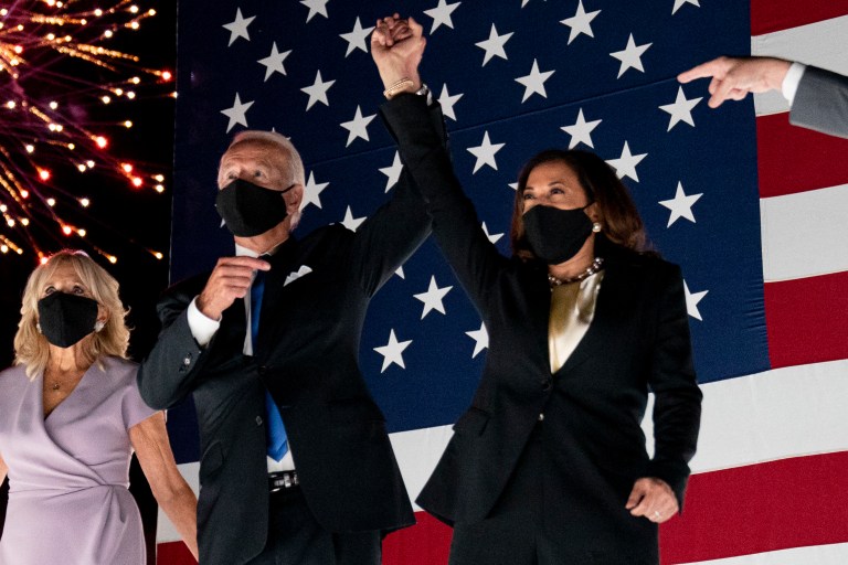 Democratic presidential candidate former Vice President Joe Biden and his running mate Sen. Kamala Harris, D-Calif., watch fireworks during the fourth day of the Democratic National Convention, Thursday, Aug. 20, 2020, at the Chase Center in Wilmington, Del.