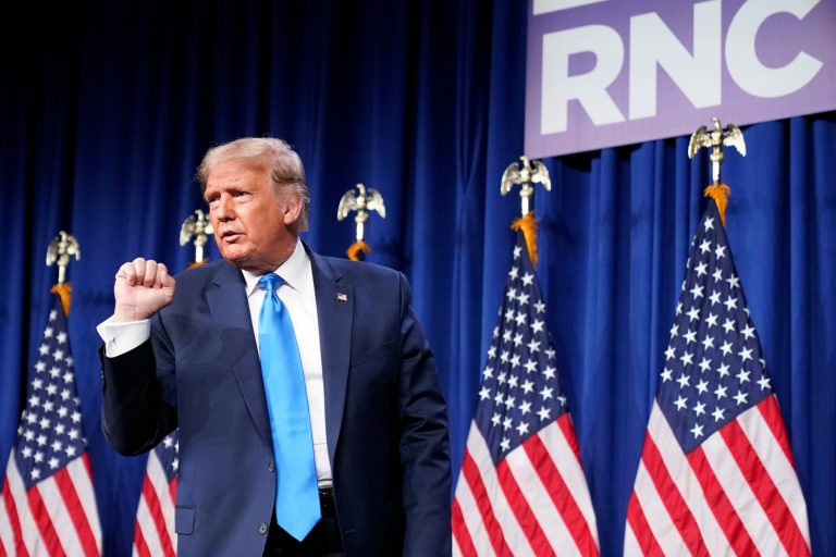President Donald Trump pumps his fist after speaking at the 2020 Republican National Convention in Charlotte, N.C., Monday, Aug. 24, 2020.