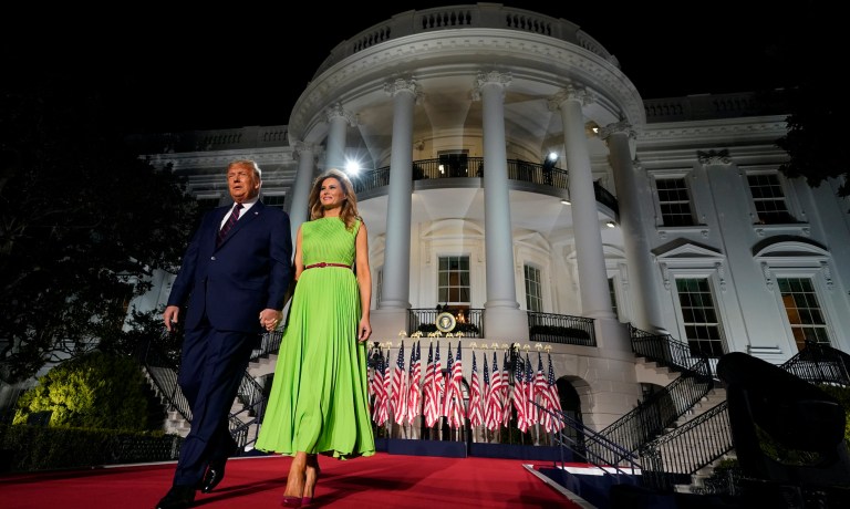 President Donald Trump and first lady Melania Trump arrive for his acceptance speech to the Republican National Committee Convention on the South Lawn of the White House, Thursday, Aug. 27, 2020, in Washington. 