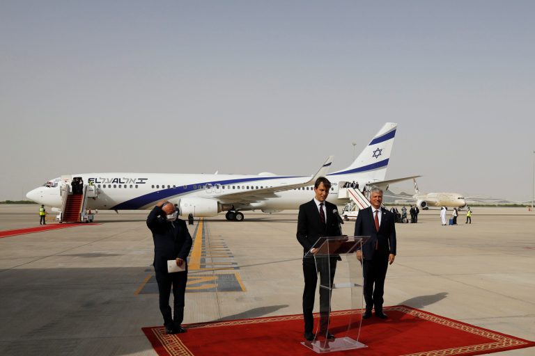 President Trump's senior adviser Jared Kushner, center, speaks as Israeli National Security Advisor Meir Ben-Shabbat, left, and U.S. National Security Advisor Robert O'Brien stand by after an El Al plane from Israel landed in Abu Dhabi, United Arab Emirates, Monday, Aug. 31, 2020. The El Al plane completed the first-ever direct commercial passenger flight to the United Arab Emirates. The Israeli flag carrierâs flight Monday marks the implementation of the historic U.S.-brokered deal to normalize relations between the Israel and the UAE.