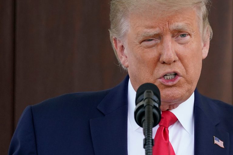 President Donald Trump speaks during a news conference on the North Portico of the White House, Monday.