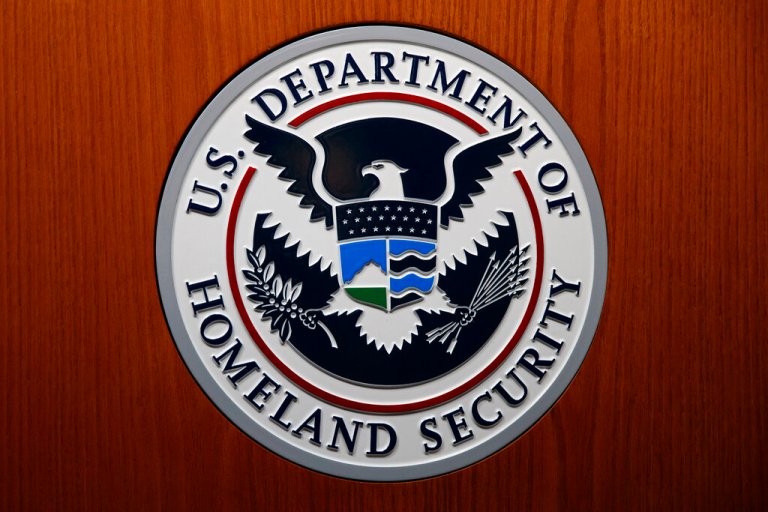 In this June 28, 2019, photo, the Department of Homeland Security seal is seen during a news conference in Washington.