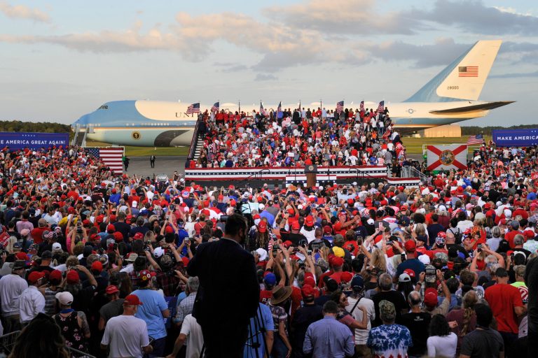 Air Force One stages behind a President Donald Trump campaign rally, Thursday in Jacksonville, Fla.