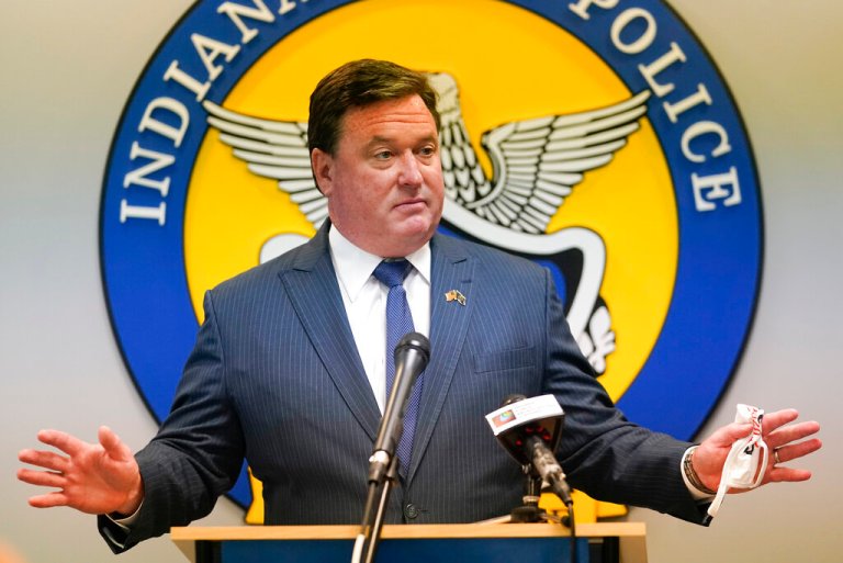 Republican attorney general candidate Todd Rokita speaks during a 2020 news conference in Indianapolis.