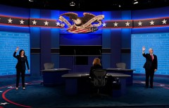Pence and Harris strike calmer tone than presidential debate but sharply contest the issues