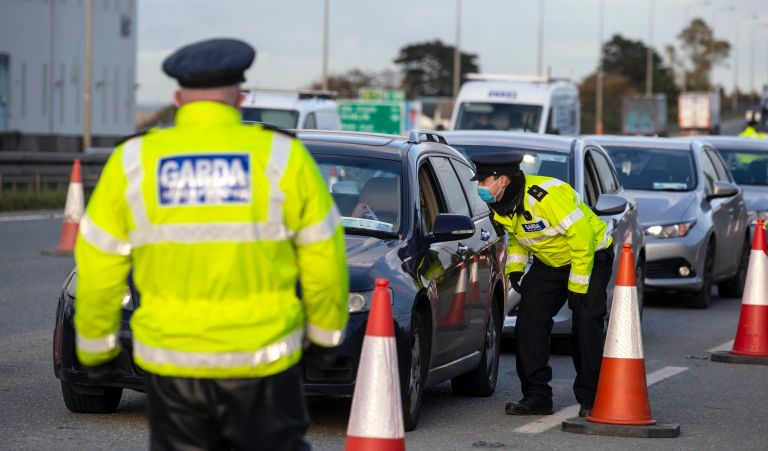 Gardai at a checkpoint on the M7 motorway at the border of Dublin and Kildare on the first day of the Level 5 restrictions in Dublin. PA Photo. Picture date: Thursday October 22, 2020.