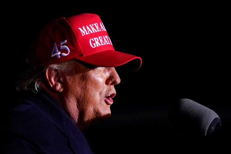 In this Nov. 2, 2020, file photo then-President Donald Trump speaks during a campaign rally at Kenosha Regional Airport, Monday, Nov. 2, 2020, in Kenosha, Wisconsin.