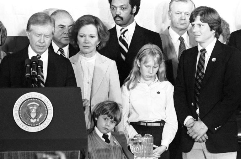 President Jimmy Carter, accompanied by his wife Rosalynn, daughter Amy, and grandson Jason tells supporters on Nov. 4, 1980 that he has conceded the election to challenger Ronald Reagan. Gallup reports that President Trump would leave office with an average approval rating lower than Carter's.