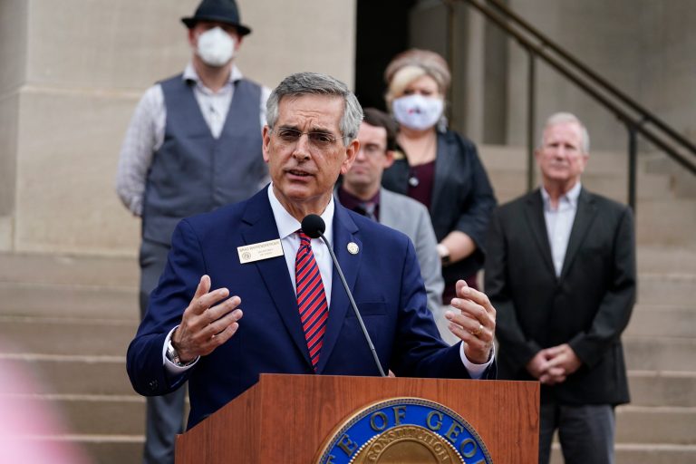 Georgia Secretary of State Brad Raffensperger speaks during a news conference on Wednesday, Nov. 11, 2020, in Atlanta.