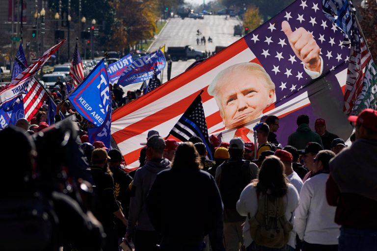 Supporters of President Donald Trump rally at Freedom Plaza on Saturday, Nov. 14, 2020, in Washington. Rasmussen Reports found that 75% of Republicans believe Joe Biden stole the election.