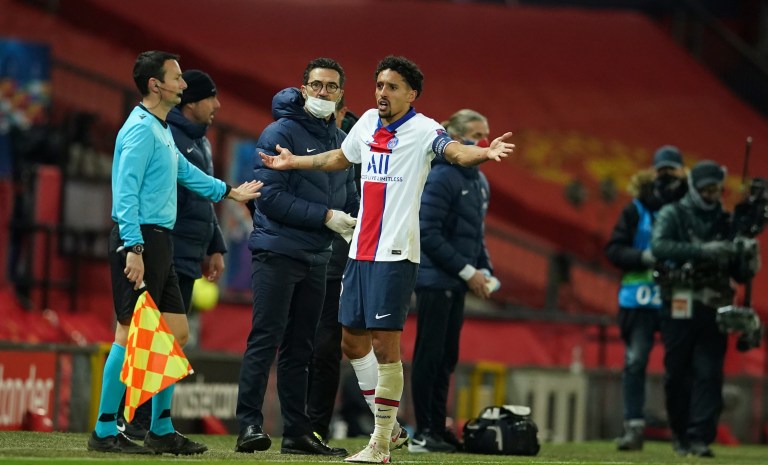 PSG's Marquinhos argues during a Group H Champions League soccer match between Manchester United and Paris Saint Germain at the Old Trafford stadium in Manchester, England, Wednesday, Dec. 2, 2020. 