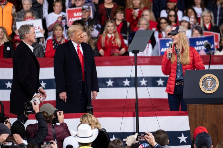 President Donald Trump shared the stage with U.S. Sens. Kelly Loeffler, R-Ga., and David Perdue, R-Ga., who are both facing runoff elections Saturday, Dec. 5, 2020 during a rally in Valdosta, Ga.