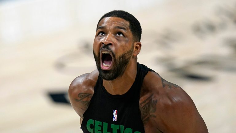 Boston Celtics forward Tristan Thompson warms up before their NBA basketball game against the Utah Jazz Tuesday, Feb. 9, 2021, in Salt Lake City. (AP Photo/Rick Bowmer)
