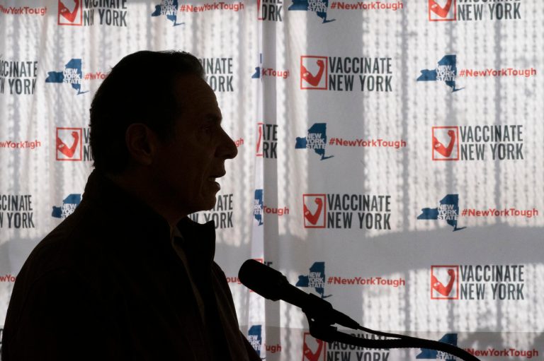 Gov. Andrew Cuomo speaks to reporters during a news conference at a COVID-19 pop-up vaccination site last month in Brooklyn.