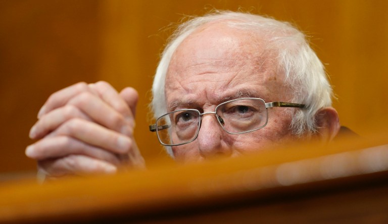 Senate Budget Committee Chairman Sen. Bernie Sanders, I-Vt., listens during a hearing on Capitol Hill in Washington, Thursday, Feb. 25, 2021, examining wages at large profitable corporations. 