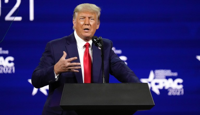 Former president Donald Trump speaks at the Conservative Political Action Conference (CPAC) Sunday, Feb. 28, 2021, in Orlando, Fla.