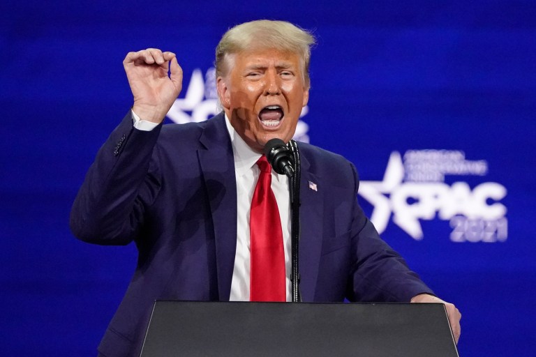 Former President Donald Trump speaks at the Conservative Political Action Conference (CPAC), Sunday, Feb. 28, 2021, in Orlando, Fla.