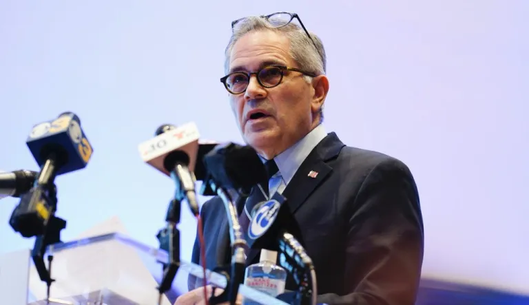 Philadelphia District Attorney Larry Krasner speaks during a news conference in Philadelphia, Monday, March 1, 2021.