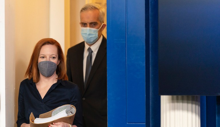 White House press secretary Jen Psaki and Veterans Affairs Secretary Denis McDonough, arrive for a press briefing at the White House, Thursday, March 4, 2021, in Washington.          
