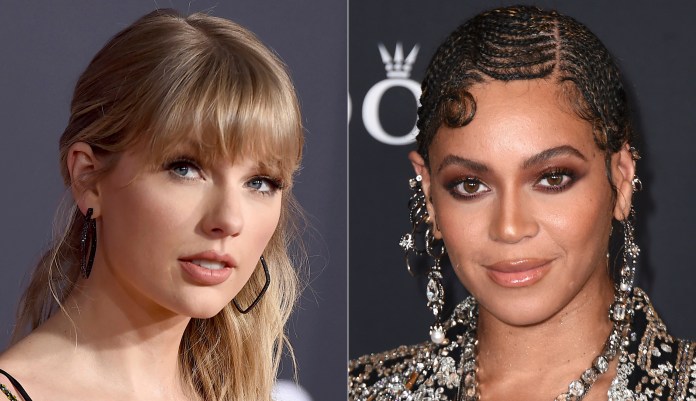 Taylor Swift appears at the American Music Awards in Los Angeles on Nov. 24, 2019, left, and Beyonce appears at the world premiere of "The Lion King" in Los Angeles on July 9, 2019. 