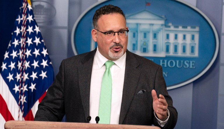 Education Secretary Miguel Cardona speaks during a press briefing at the White House, Wednesday, March 17, 2021, in Washington.