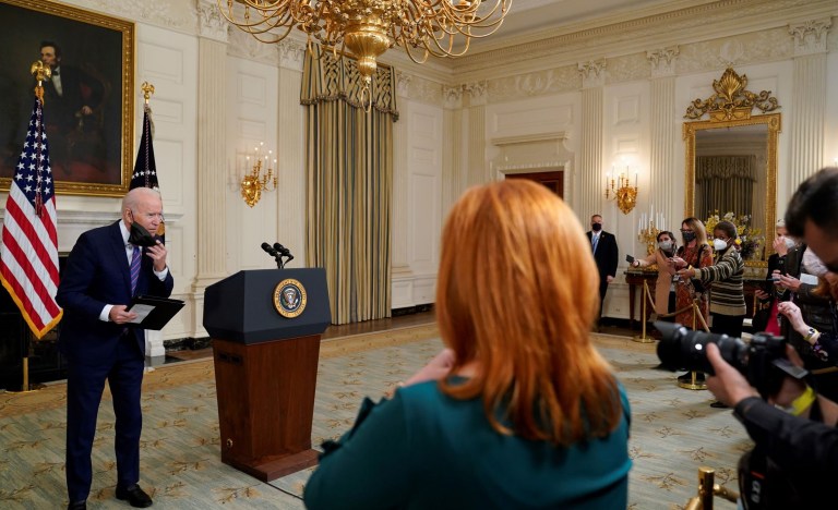 President Joe Biden responds to a question after speaking about the March jobs report in the State Dining Room of the White House, Friday, April 2, 2021, in Washington.