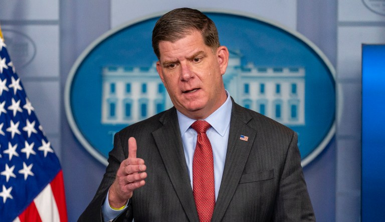 Labor Secretary Marty Walsh speaks at a press briefing at the White House, Friday, April 2, 2021, in Washington.               