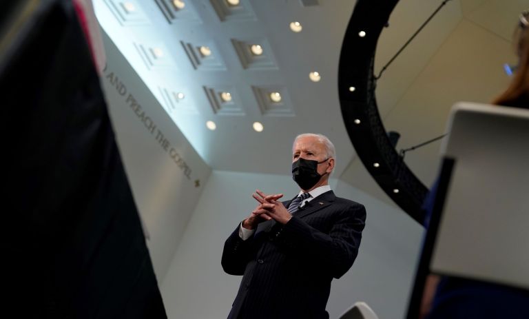 President Joe Biden visits a vaccination site at Virginia Theological Seminary, Tuesday, April 6, 2021, in Alexandria, Va. (AP Photo/Evan Vucci)