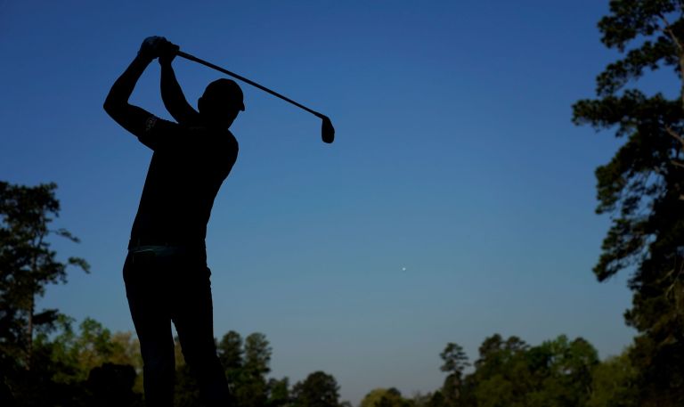 Carlos Ortiz, of Mexico, watches his tee shot on the fourth hole during a practice round for the Masters golf tournament on Tuesday, April 6, 2021, in Augusta, Ga.