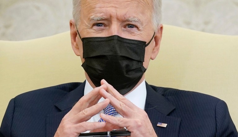 President Joe Biden speaks during a meeting with lawmakers to discuss the American Jobs Plan in the Oval Office of the White House, Monday, April 12, 2021, in Washington.