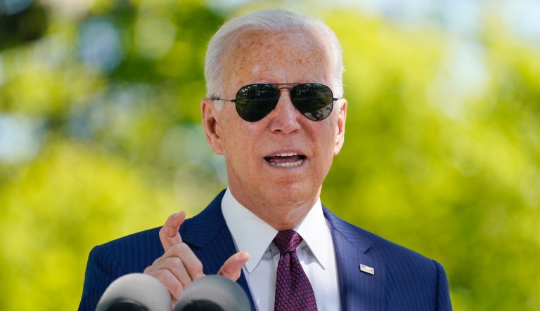President Joe Biden responds to a question from reporters about COVID-19, on the North Lawn of the White House, Tuesday, April 27, 2021, in Washington. 