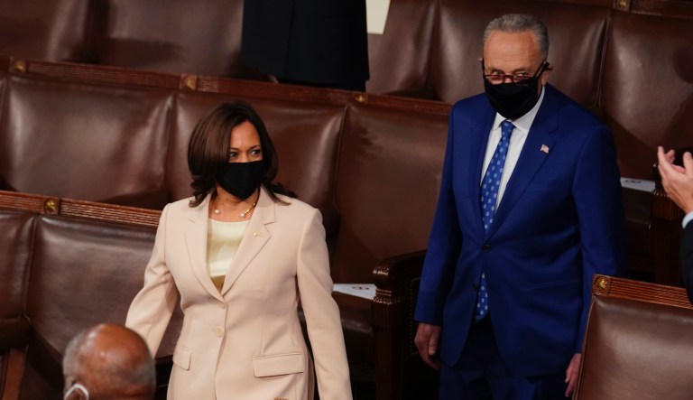 Vice President Kamala Harris arrives with Senate Majority Leader Chuck Schumer of N.Y., before President Joe Biden speaks to a joint session of Congress Wednesday, April 28, 2021, in the House Chamber at the U.S. Capitol in Washington.