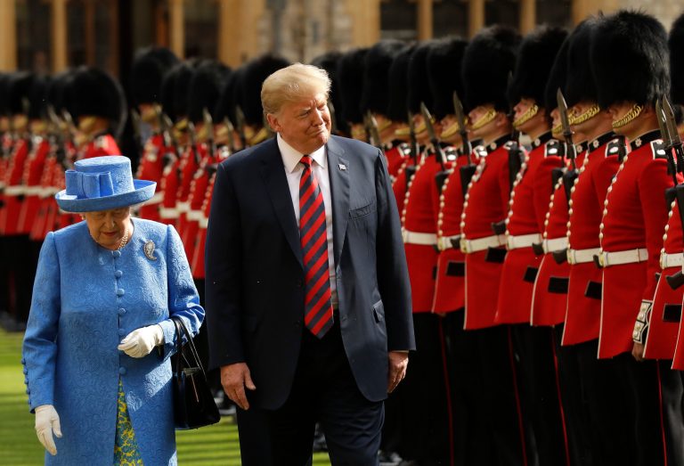President Donald Trump and Queen Elizabeth II inspect a Guard of Honour at Windsor Castle.