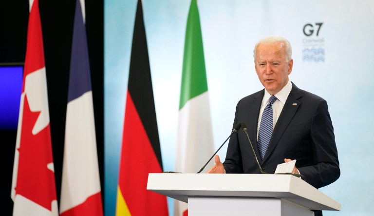 President Joe Biden speaks during a news conference after attending the G-7 summit, Sunday, June 13, 2021, at Cornwall Airport in Newquay, England. Biden is en route to Windsor, England, to meet with Queen Elizabeth II, and then on to Brussels to attend the NATO summit.