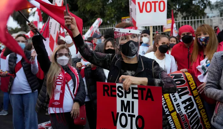 People protest election fraud alleged by presidential candidate Keiko Fujimori weeks after the presidential runoff election in Lima, Peru, Saturday, June 19, 2021. With all the votes tallied from the June 6th runoff, Fujimori's rival candidate Pedro Castillo had 50.2% support compared to her 49.8%, and electoral authorities said they are scrutinizing a small number of ballots.