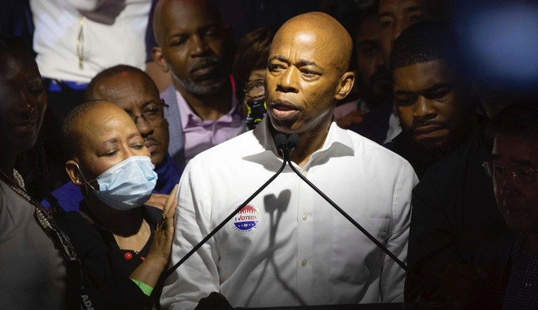 In this Tuesday June 22, 2021, file photo, Democratic mayoral candidate Eric Adams address supporters at his primary election night party in New York. Adams holds a lead in New York City's Democratic mayoral primary, but with hundreds of thousands of votes set to be redistributed in a new ranked choice voting system, it remained possible for opponents Maya Wiley or Kathryn Garcia to come out on top.