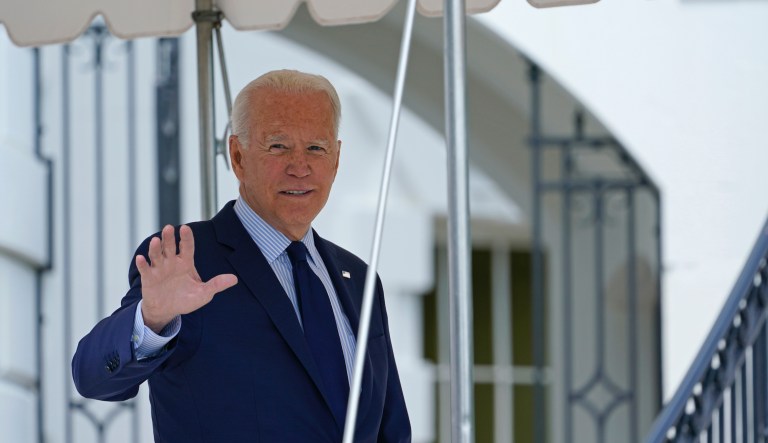 President Joe Biden waves as he walks to Marine One on the South Lawn of the White House in Washington, Friday, July 16, 2021, to spend the weekend at Camp David.