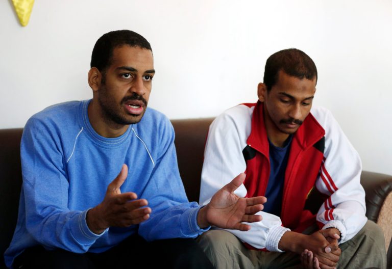 FILE - In this March 30, 2018, file photo, Alexanda Amon Kotey, left, and El Shafee Elsheikh, who were allegedly among four British jihadis who made up a brutal Islamic State cell dubbed 