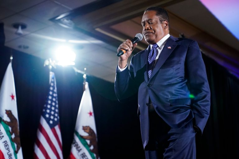 Republican conservative radio show host Larry Elder speaks to supporters after losing the California gubernatorial recall election, Tuesday, Sept. 14, 2021, in Costa Mesa, Calif.