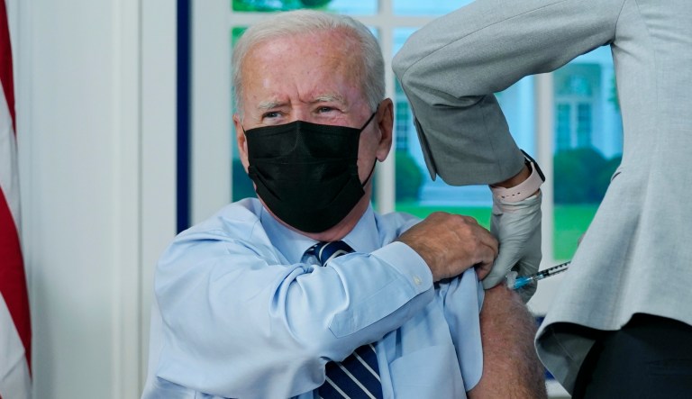 President Joe Biden receives a COVID-19 booster shot during an event in the South Court Auditorium on the White House campus, Monday, Sept. 27, 2021, in Washington.                                                                                          
