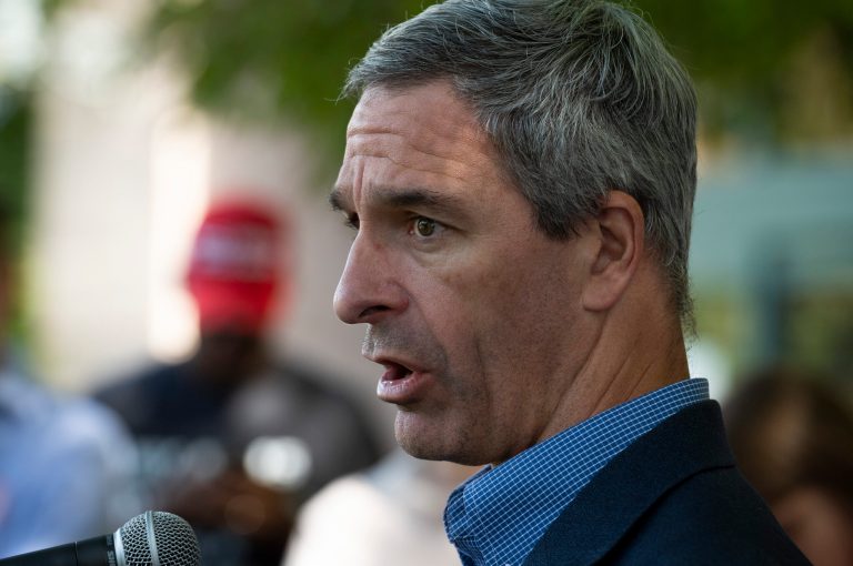 Former Virginia Attorney General Ken Cuccinelli addresses a rally sponsored by Catholic Vote and Fight for Schools, in Leesburg, Va., Saturday, Oct. 2, 2021. Cuccinelli is one of four former officials from the Trump administration who are proposing a formal declaration of war on Mexican cartels. (AP Photo/Cliff Owen)