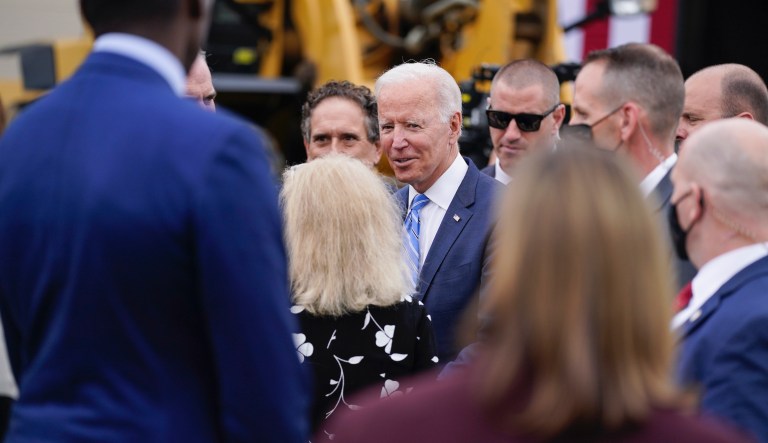 President Joe Biden greets people after delivering remarks on his âBuild Back Betterâ agenda during a visit to the International Union Of Operating Engineers Local 324, Tuesday, Oct. 5, 2021, in Howell, Mich.                                                                                                                                          