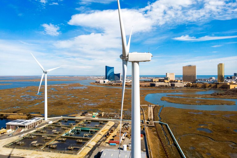 Wind turbines spin to generate electrical power in Atlantic City, New Jersey, on Feb. 17, 2021.