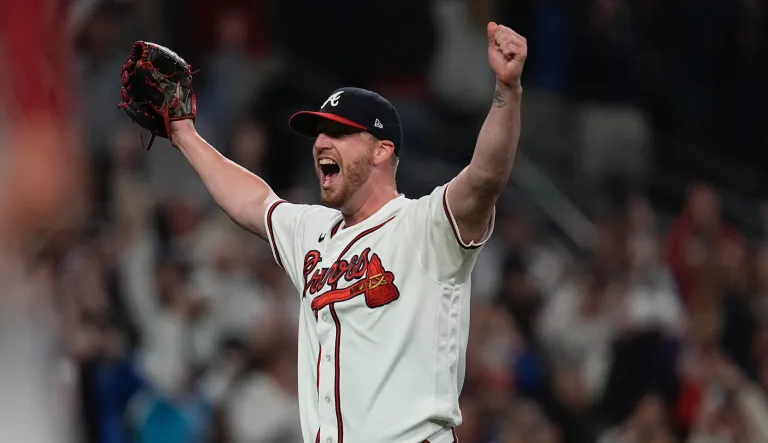 Atlanta Braves relief pitcher Will Smith celebrates after winning Game 6 of baseballâs National League Championship Series against the Los Angeles Dodgers Sunday, Oct. 24, 2021, in Atlanta. The Braves defeated the Dodgers 4-2 to win the series.